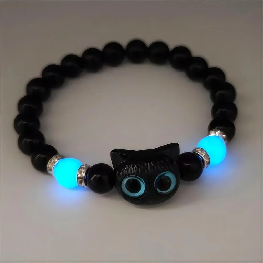 1 PC Matching Bracelets Couples Women Men Luminous Cute Cat Friendship Bracelete Black White Cat Head Bead Strand Bracelet Vera Lux