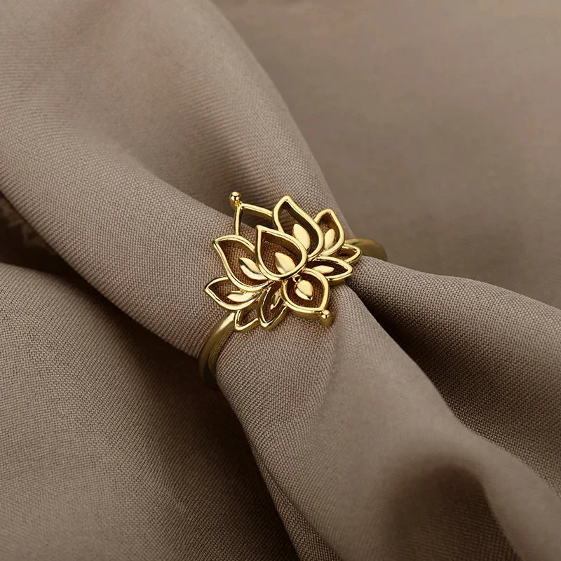 Lotus Flower Rings For Women Stainless Steel Gold Color Hollow Out Ring Fashion Wedding Party Aesthetic Jewelry Gift anillos Vera Lux