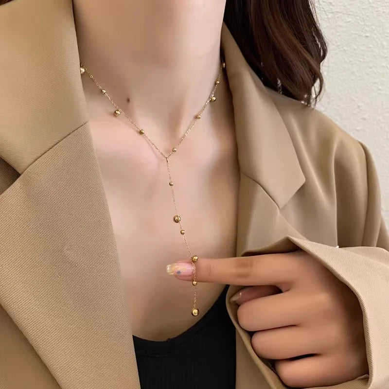 316L Stainless Steel Gold Color Beads Long Pendant Necklace For Women Fashion Choker Clavicle Chain Jewelry Gift Wedding Vera Lux