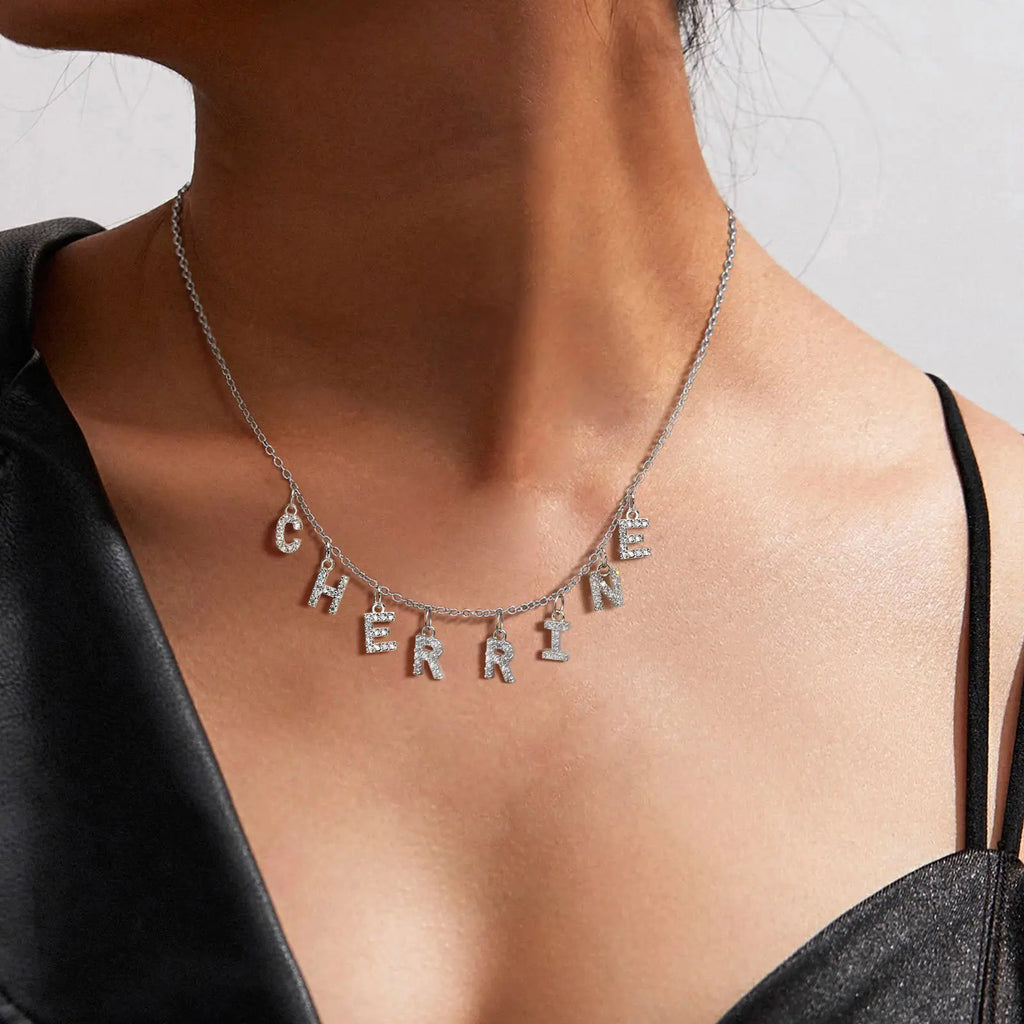 Customized Name With Initial Necklace for Women Mom, Charms Pave Letter Pendant, Stainless Steel Chain Link Adjustable Vera Lux