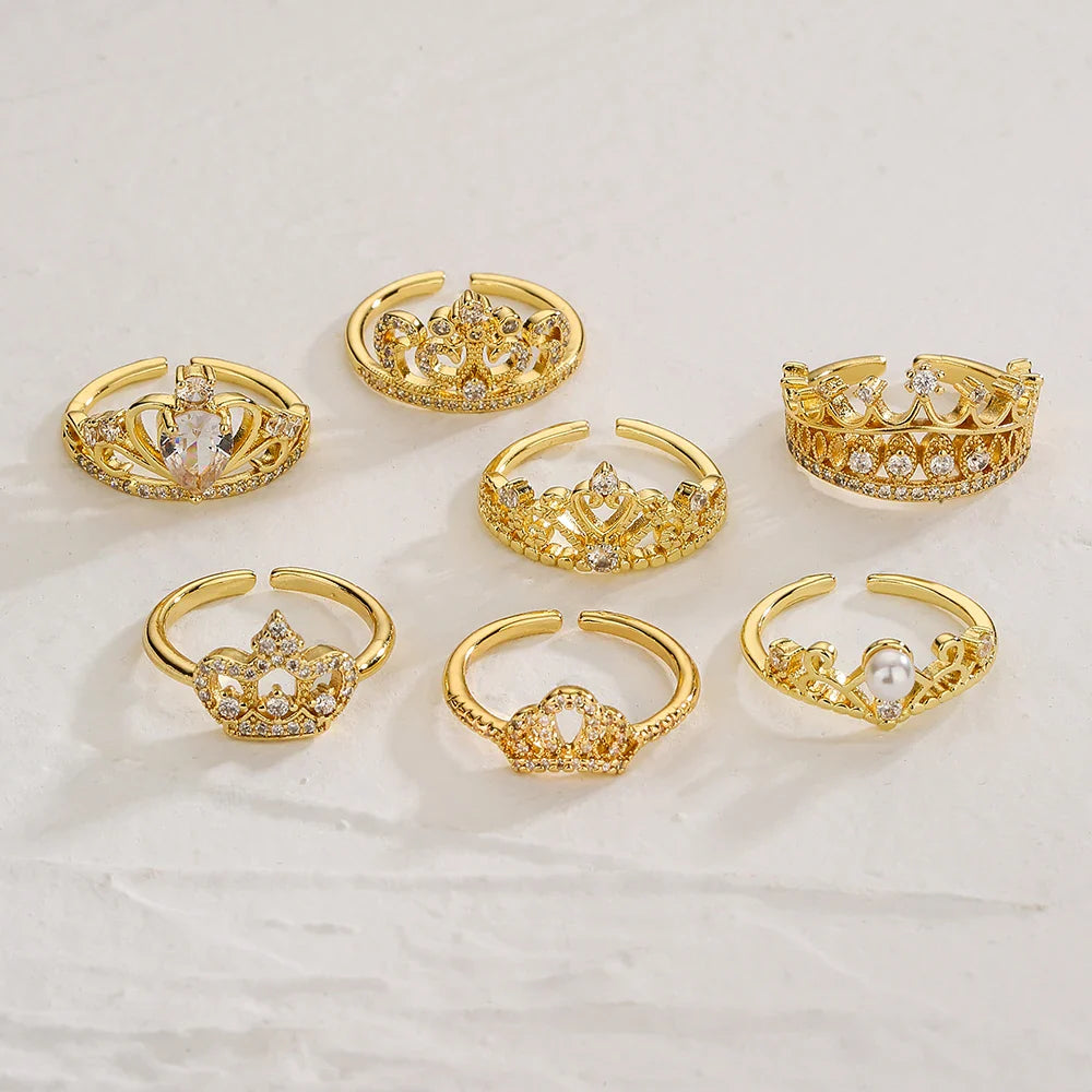 NEWBUY 2025 Trendy Gold Color Crown Charm Finger Rings Open Design Adjustable Shiny CZ Zircon Wedding Jewelry Female Vera Lux