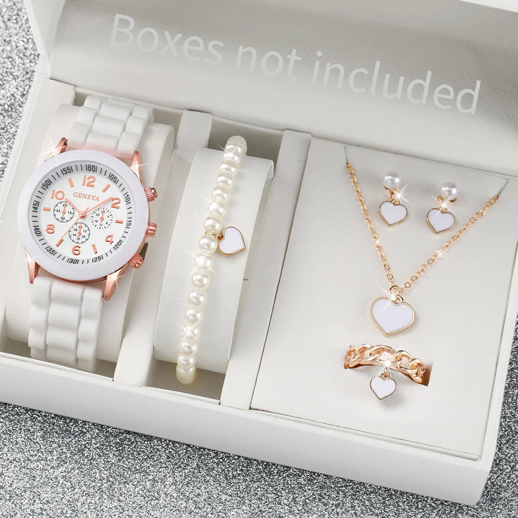 3/6PCS Women's Watches Casual Silicone Band Analog Quartz Watch Heart Pearls Jewelry Set(Without Box) Vera Lux
