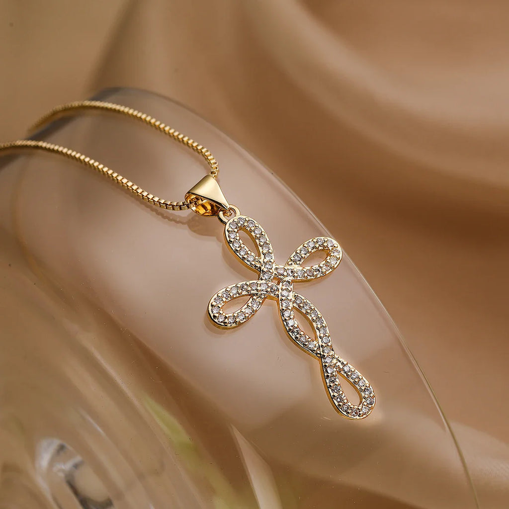 NEWBUY 2025 New Coming Cross Pendant Necklace For Women Gold Color Copper Jewelry Full CZ Zircon Inlay Vera Lux