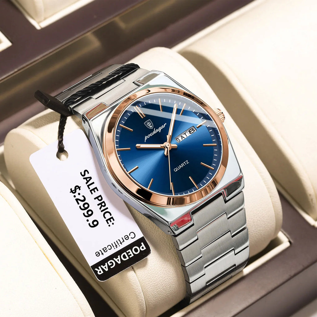 POEDAGAR Luxury Men's Watches Waterproof Luminous Date Week Men Watch Stainless Steel Casual Fashion Quartz Man Wristwatch Reloj Vera Lux