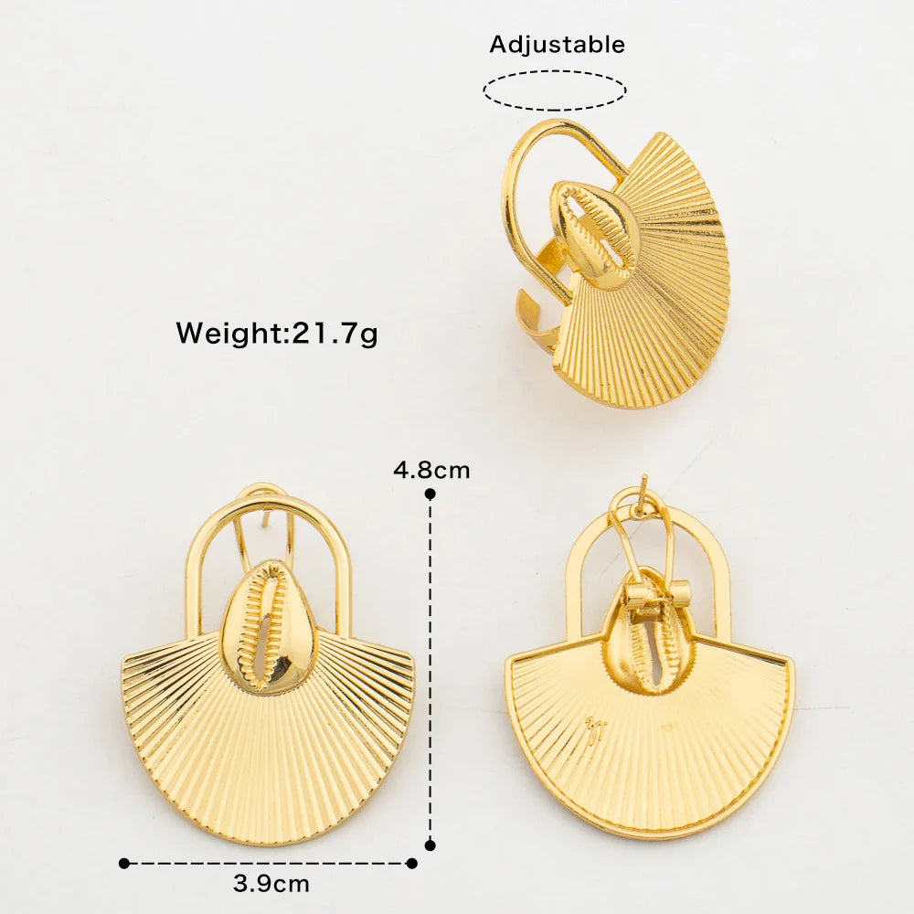 Brazilian Gold Color Earrings with Ring Jewelry Set for Party Hollow Out Design Big Earrings Finger Ring 2Pcs Set for Engagement Vera Lux