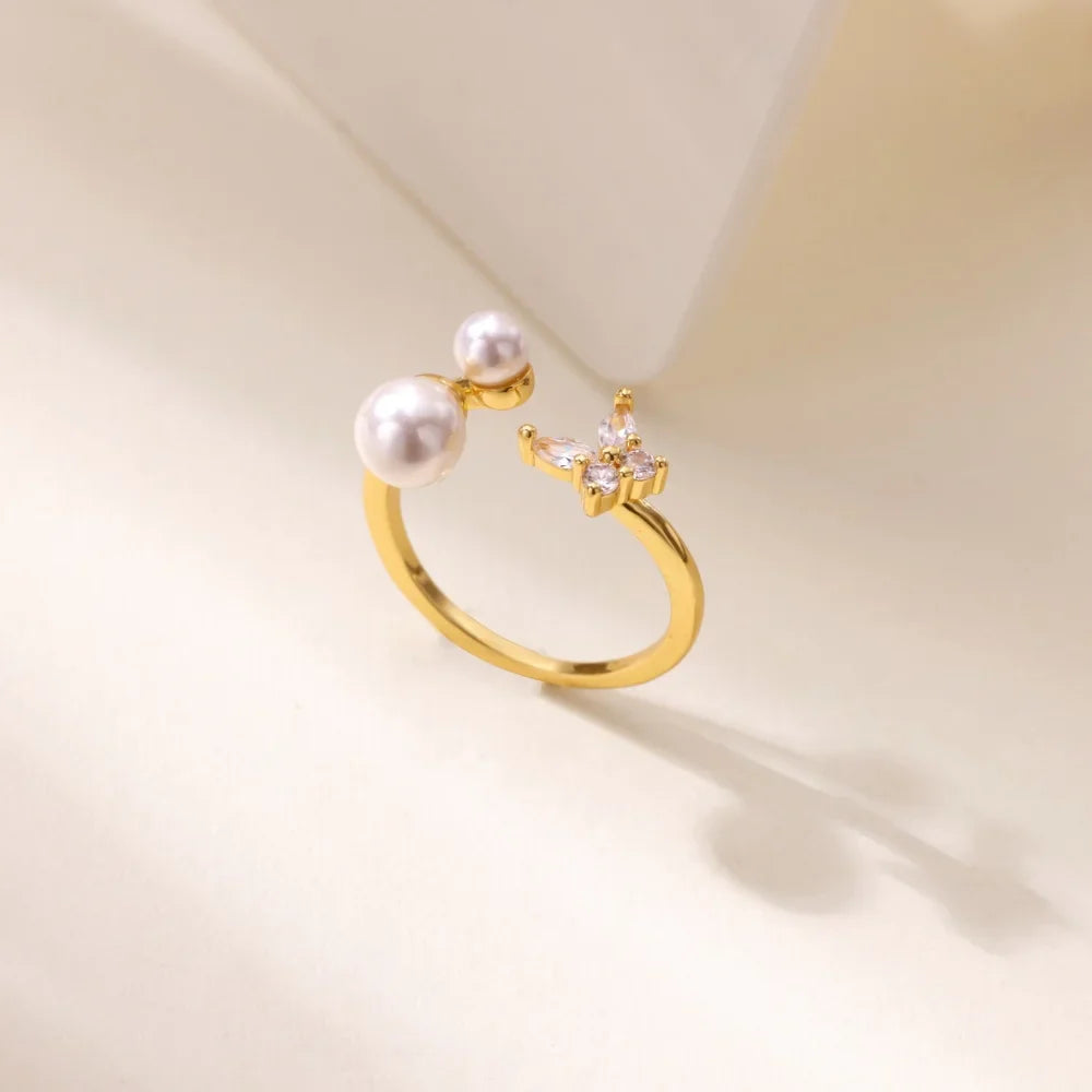 Zircon Butterfly Imitation Pearl Ring For Women Stainless Steel Gold Color Ring 2025 New Fashion Wedding Couple Jewelry Gifts Vera Lux