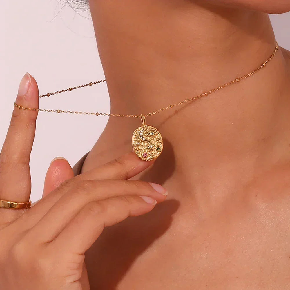 La. Muses Colored Cubic Zirconia Star Moon Texture Pendant Stainless Steel Retro Luxury Necklace Waterproof Jewelry Gift Femstylo