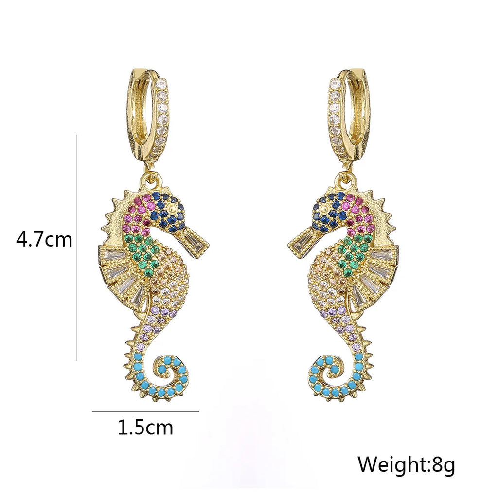 NEWBUY 2024 Trendy Colourful AAA CZ Zircon Inlay Seahorse Dangle Earrings For Women Party Jewelry Vera Lux