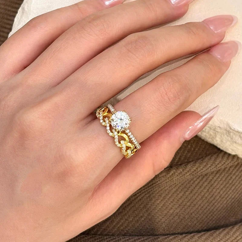 MINTYBOX 18K Yellow Gold D Moissanite Rings for Women Handmade 6.5mm S925 Silver Round Shape Engagement Ring Gift Fine Jewelry Vera Lux