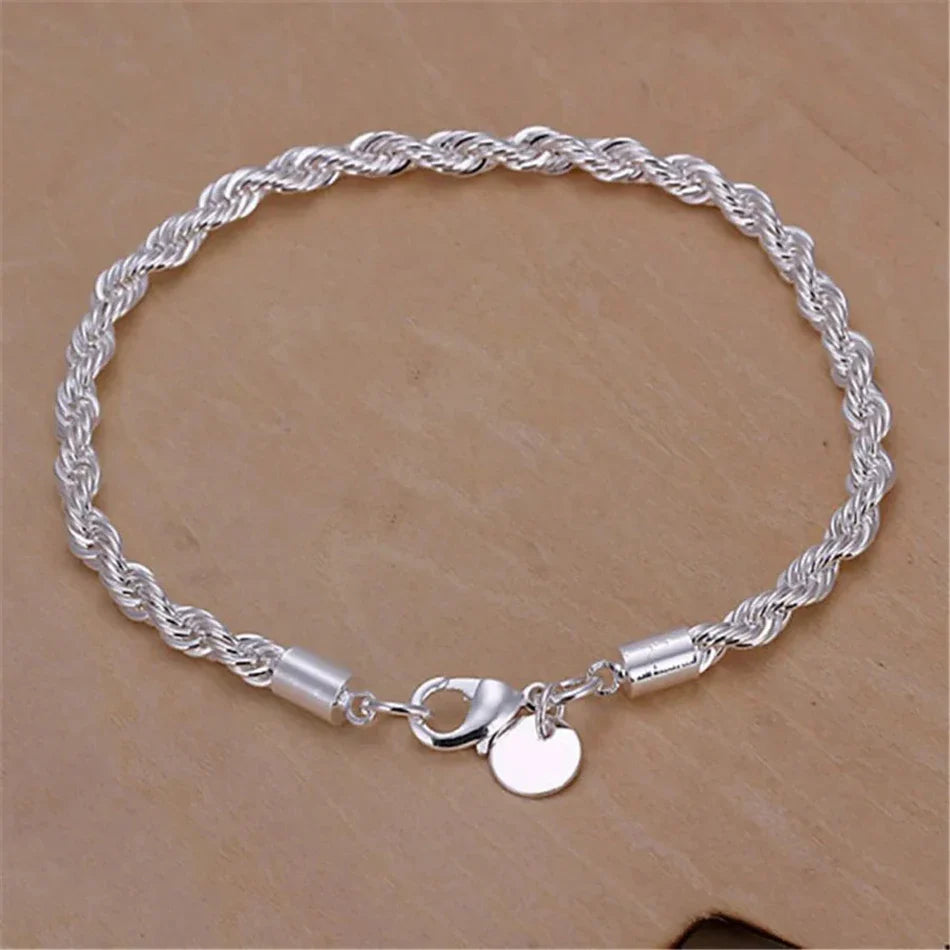ALIZERO 925 Sterling Silver Unisex 4mm Rope Chain Bracelets for Men Women Twisted Links Chain Bracelet Simple Classic Jewelry Vera Lux