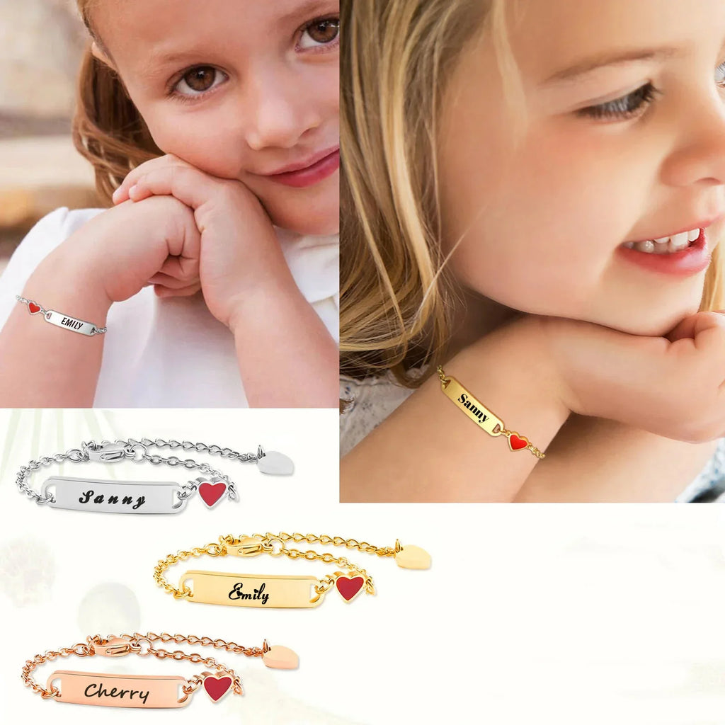 Customized Heart Bracelet for Little Girl Boy, Engravable ID Name Bracelet, Personalized Stainless Steel Chain Birthday Gift Vera Lux
