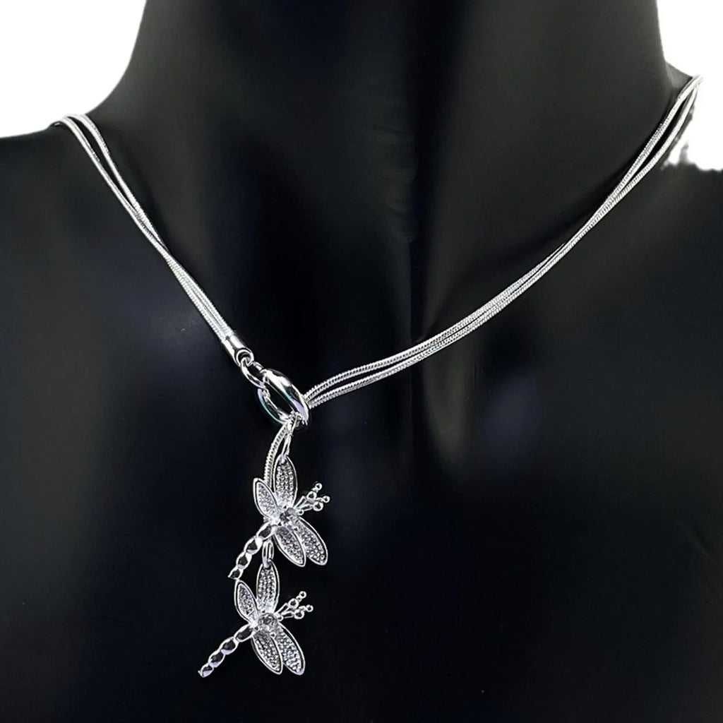 925 Sterling Silver Two Dragonfly Pendant Necklace For Women Snake Chain Necklace Wedding Engagement Jewelry Vera Lux