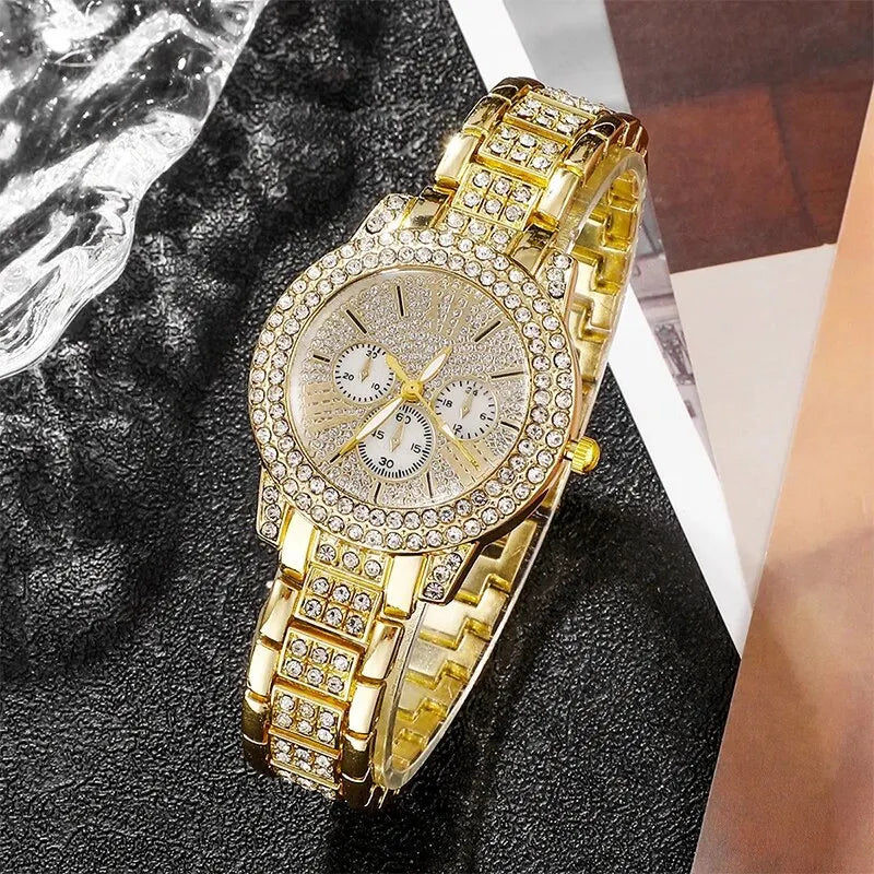 Women's Quartz Watch Gold Luxury Women Ring Necklace Earring Rhinestone Fashion Wristwatch Casual Ladies Watches Jewelry Set Vera Lux