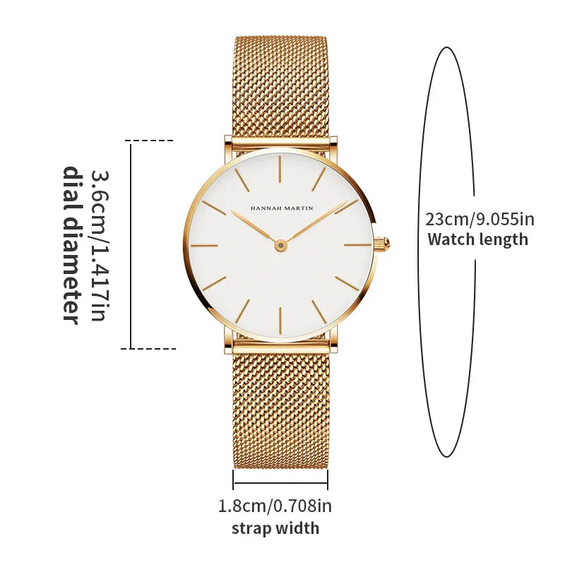 HANNAH MARTIN Brand Quality Stainless Steel Japan Quartz Movement Waterproof Women 36mm Full Rose Gold Ladies Dropshipping Watch Vera Lux