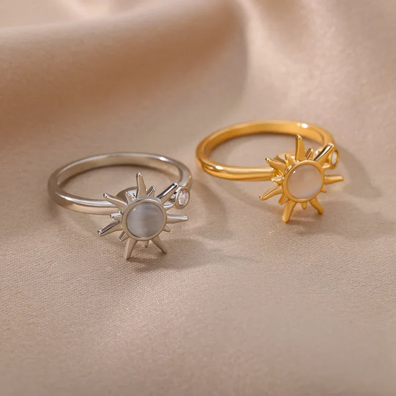 Rotating Sun Opal Ring For Women Stainless Steel Retro Charm Adjustable Open Rings Party Jewelry Best Friend Gift Bijoux Femme Vera Lux