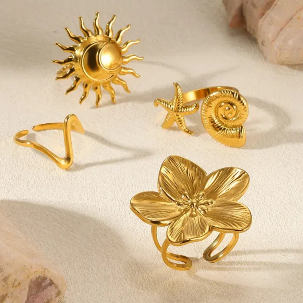 Elegant Stainless Steel Big Bloom Flower Rings For Women Gold Color Sun Starfish Open Ring Finger Jewelry Wedding Her Gift Punk Vera Lux