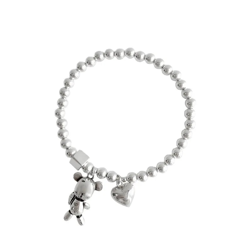 925 Sterling Silver Bracelets for Women String of Beads Accessories Trend Vintage Simple Cute Bear Pendant Party Jewelry Vera Lux