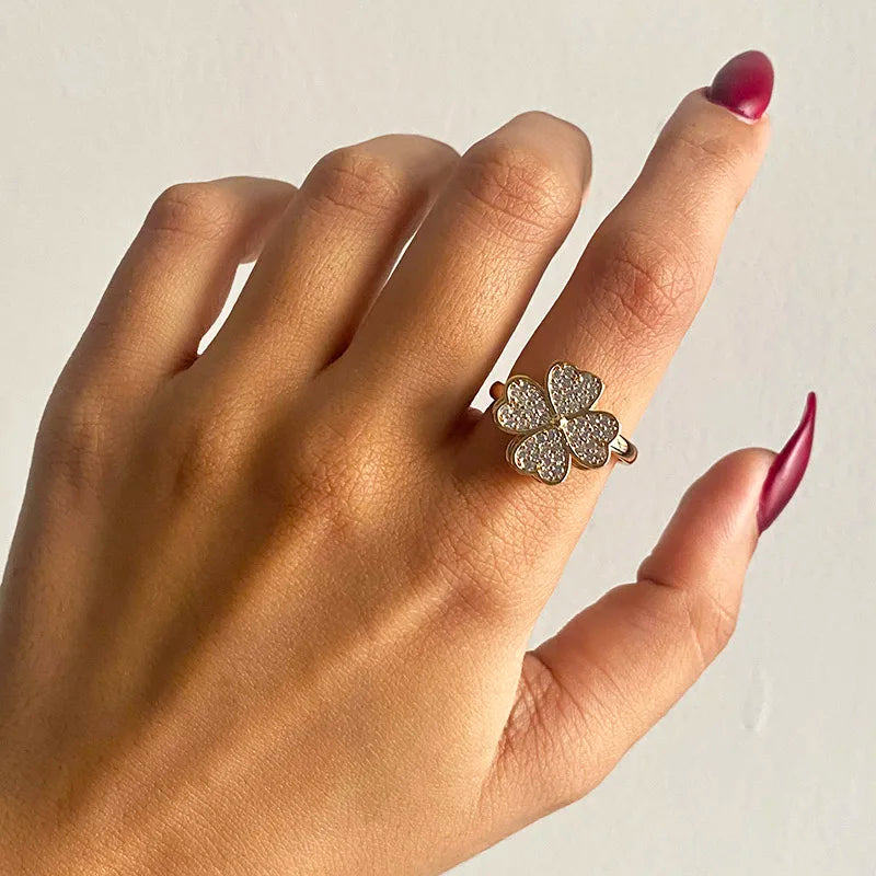 Zircon Rotatable Four Leaf Clover Anxiety Rings For Women Stainless Steel Anti-Stress Fidget Spinner Ring Aesthetic Jewelry Gift Vera Lux