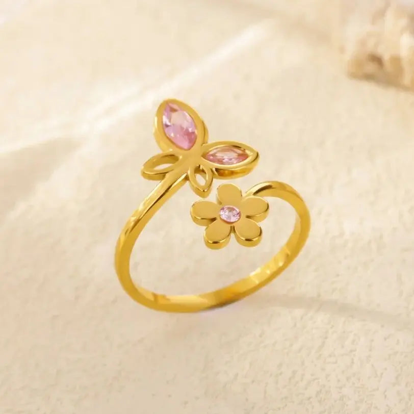 Elegant Zircon Flower Butterfly Rings For Women Gold Color Stainless Steel Flower Adjustable Ring Wedding Christmas Jewelry Gift Vera Lux