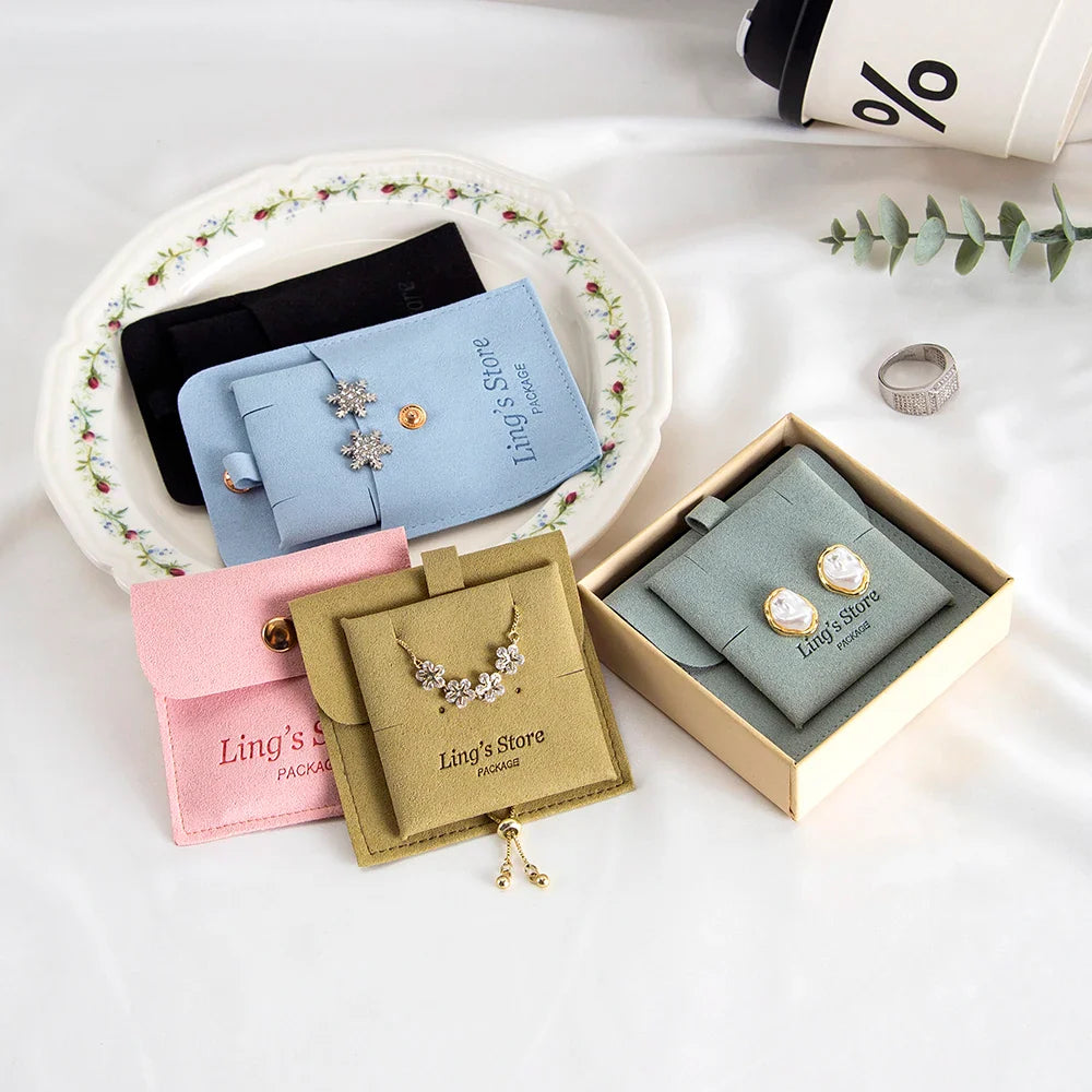 20/50/100Sets Personalized Logo Jewelry Microfiber Snap Bag 8x8cm Button Pouch Insert Luxury 6x6cm Cards Can Debossed Print Name Vera Lux