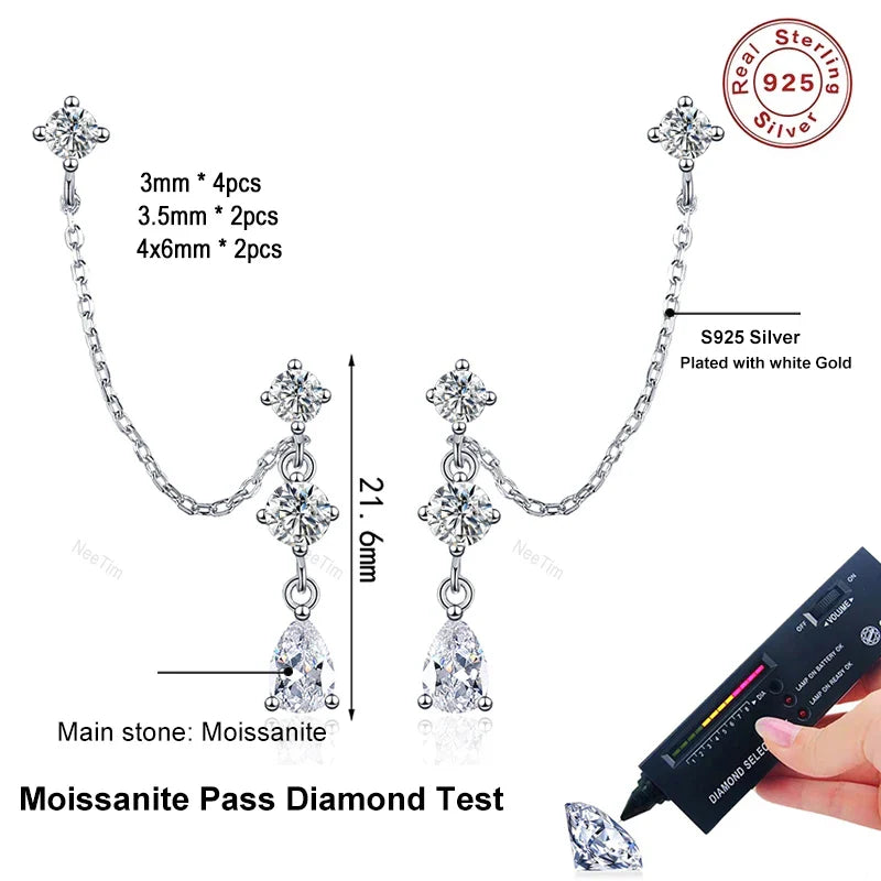 NeeTim Full Moissanite Stud Chain Earrings for Women Sparkling Lab Diamond Earring 925 Sterling Silver Women's Earrings Jewelry Vera Lux