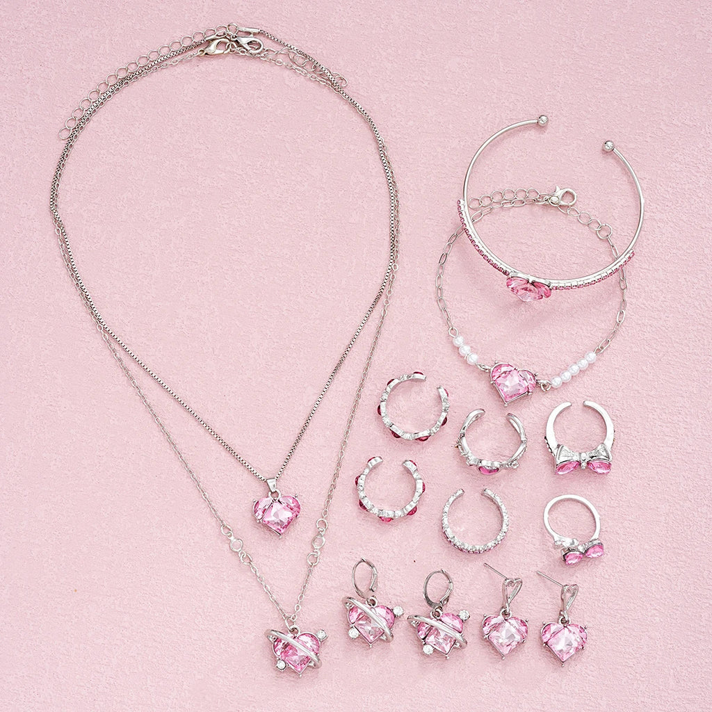 14 PCS Pink Craystal Heart Pendants Necklace Earrings Ring Bracelet Sets For Women Girl Fashion Jewelry Set Wedding Jewelry Gift Vera Lux