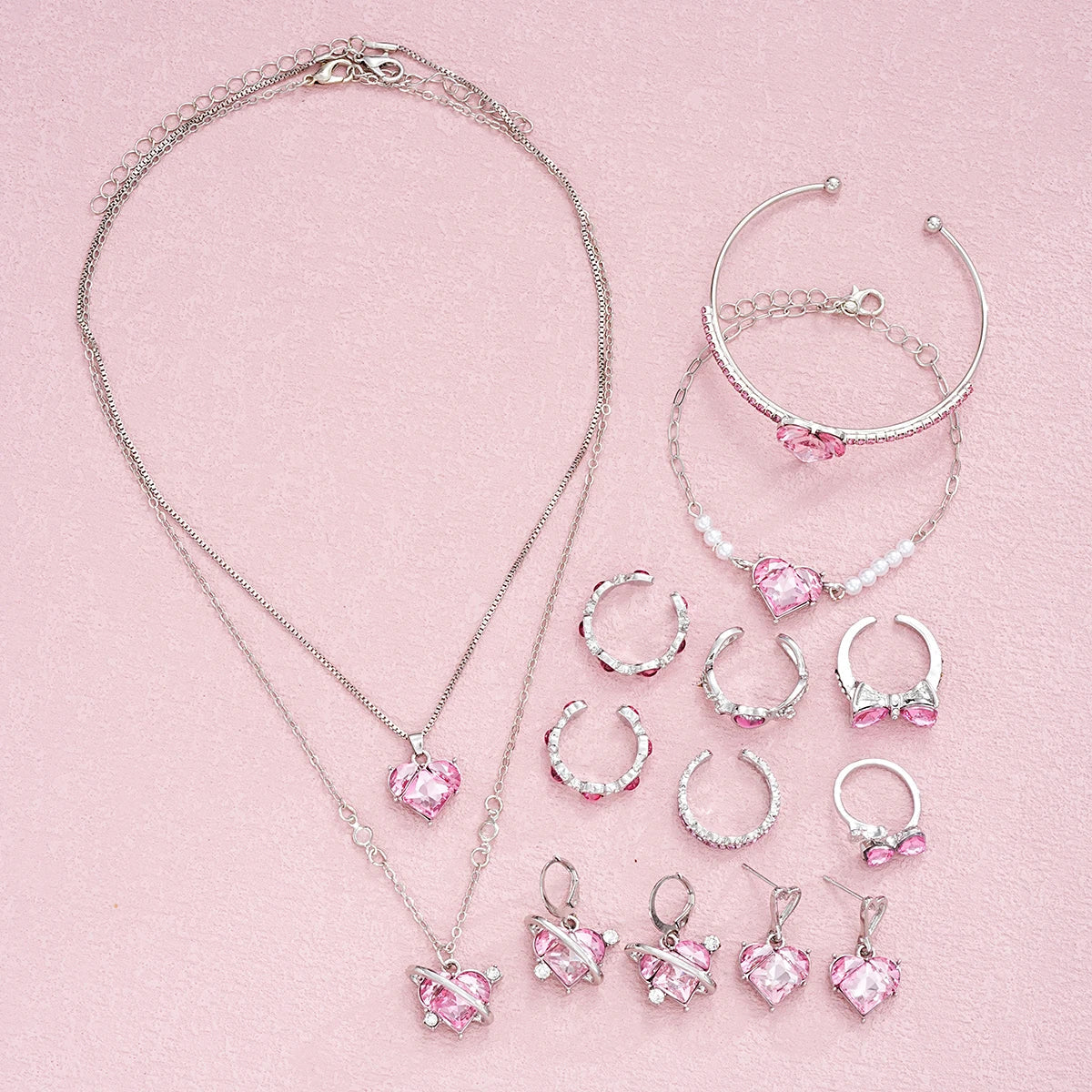 14 PCS Pink Craystal Heart Pendants Necklace Earrings Ring Bracelet Sets For Women Girl Fashion Jewelry Set Wedding Jewelry Gift Vera Lux