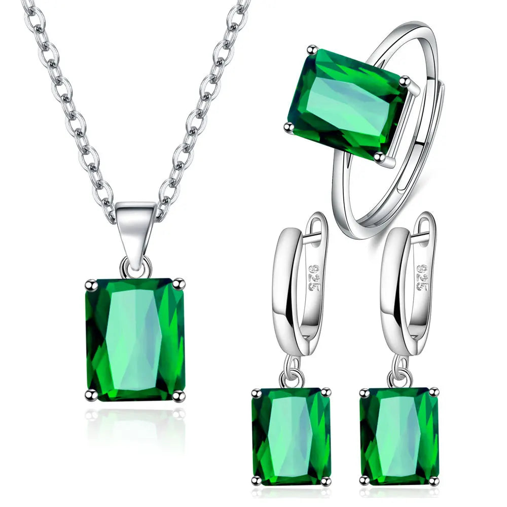 925 Sterling Silver  Elegant Jewelry Sets Ring Earrings Necklace For Women Rectangle Geometry Zircon Wedding Accessories Vera Lux