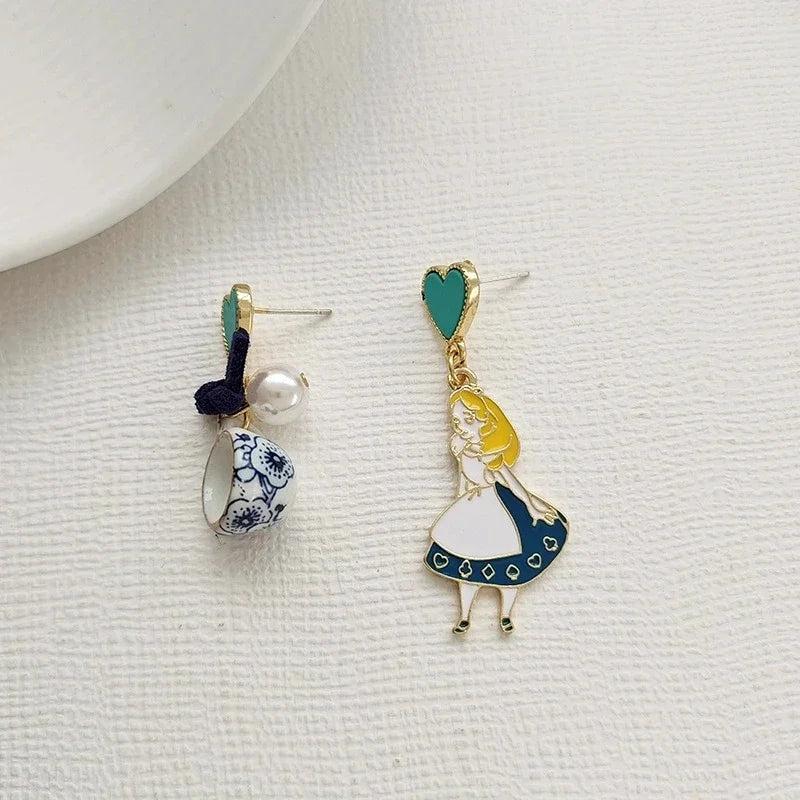 Carton Fairy Tale Princess Alice Asymmetry Earrings Imitation Pearl Blue Heart Dangle Earrings Cute Girls Enamel Earrings Vera Lux
