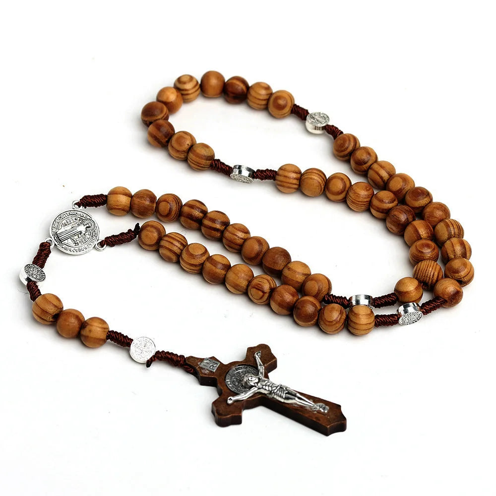 10MM Wood Beads Rosary Cross Necklace For Women Men Christian Virgin Mary INRI Pendant Chain Fashion Religion Jewelry Vera Lux