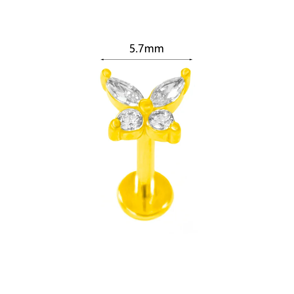 100% 316L Surgical Steel Flower Labret Piercing Butterfly Bee Tragus Snake Cartilage Helix Flat Back CZ Earrings Body Jewelry Vera Lux
