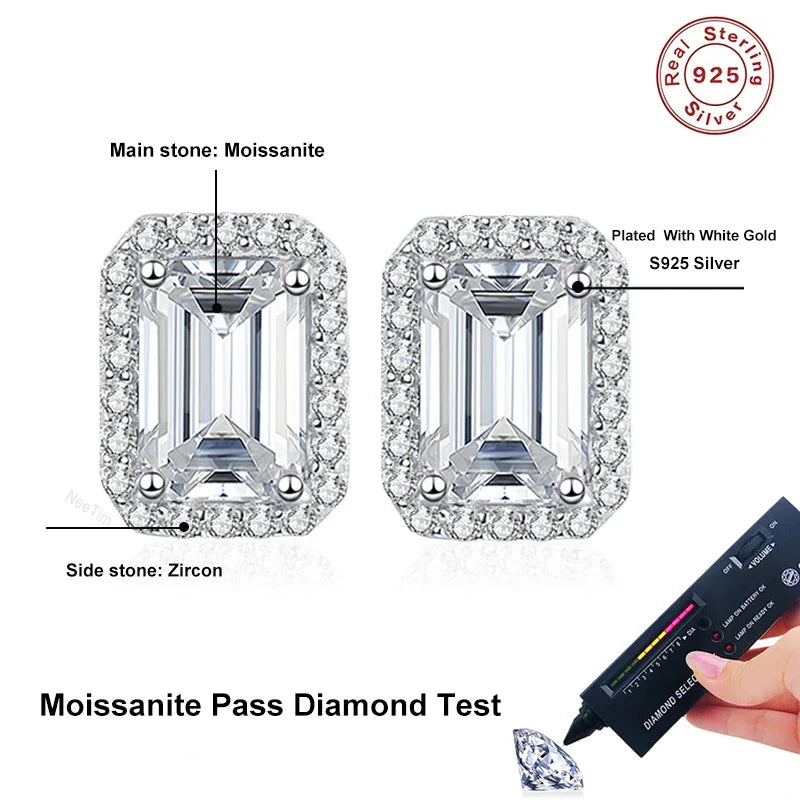 NeeTim 0.5CT 1CT 2CT Emerald Cut Moissanite Stud Earrings for Women Radiant Cut Bridal Classic Studs Jewelry S925 Silver Earring Vera Lux