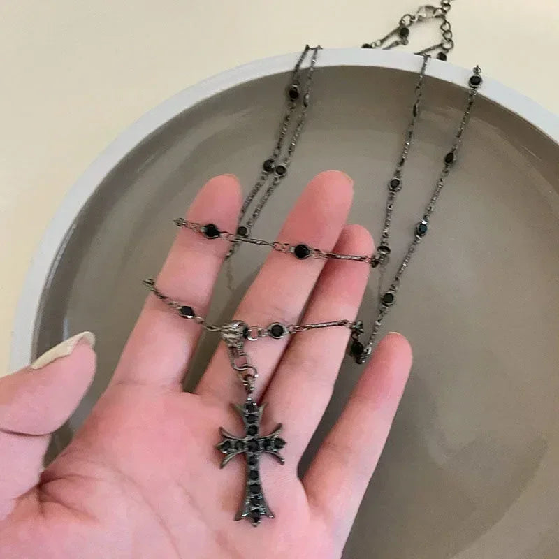 Summer Black Rhinestone Cross Jesus Pendant Choker Necklace for Women Punk Vintage Double Layers Chain 2024 Neck Boho Jewelry Femstylo