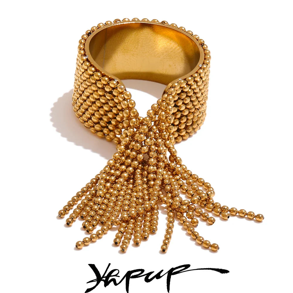 Yhpup Statement Stainless Steel Chain Tassel Finger Ring Adjustable 18K PVD Plated High Quality Charm Stylish Golden Jewelry Vera Lux