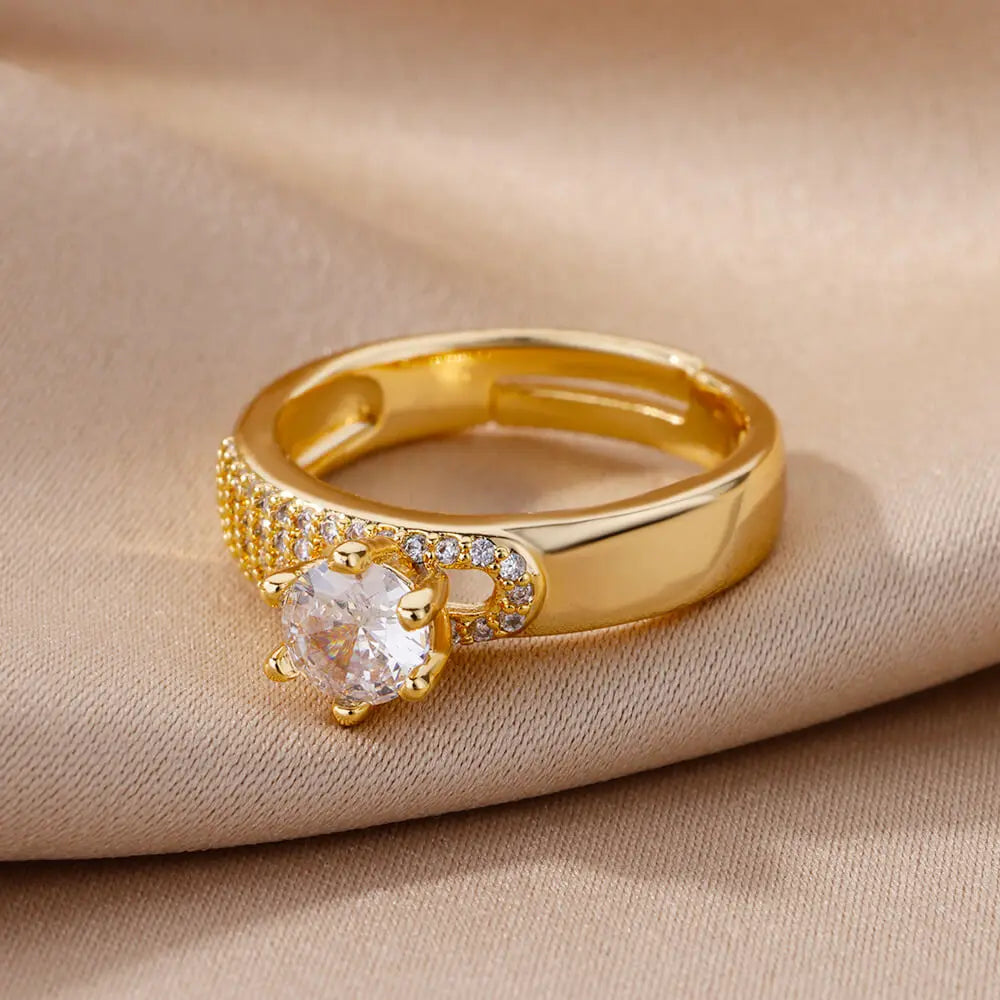 Stainless Steel Round Rings For Women Zircon Geometric Gold Color Crystal Ring Aesthetic Wedding Party Jewerly Gift Bague Femme Vera Lux