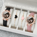 4PCS/Set Women's Watches Fashion Rhinestone Ladies Quartz Watch Leather Band Wristwatches Bracelets Set（Without Box） Vera Lux