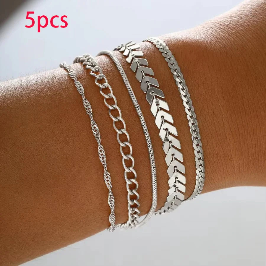 5/15 Pcs Set Silver Color Chain Bead Bracelets for Women Simple Elegant Vacation Beach Party Casual Jewelry Versatile Daily Wear Vera Lux