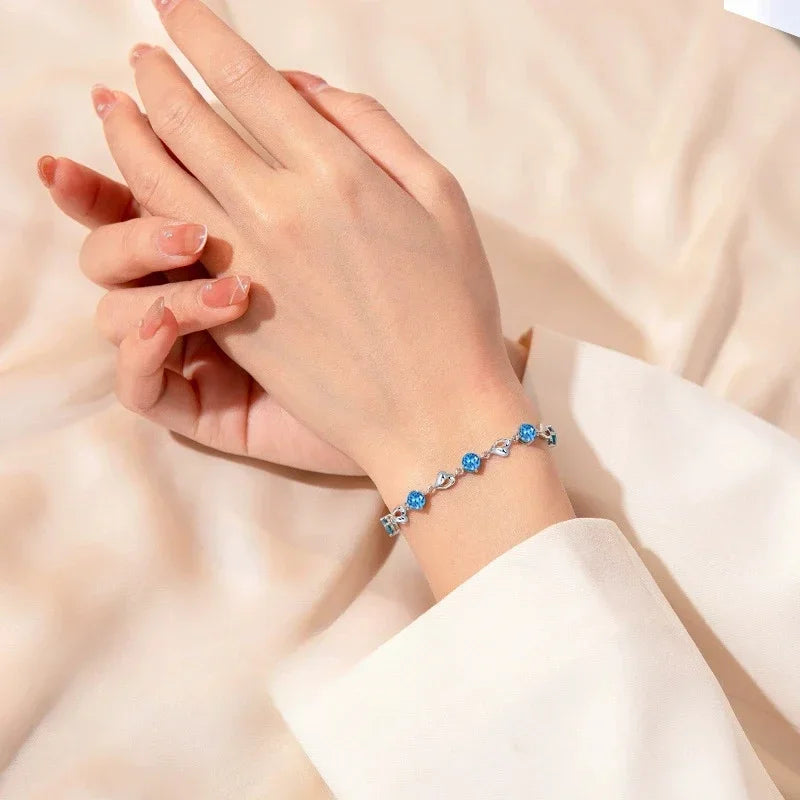 925 Sterling Silver Heart Shaped Bracelet For Women Retro Korean Versatile Blue Crystal Charm Bracelets Original Party Jewelry Vera Lux