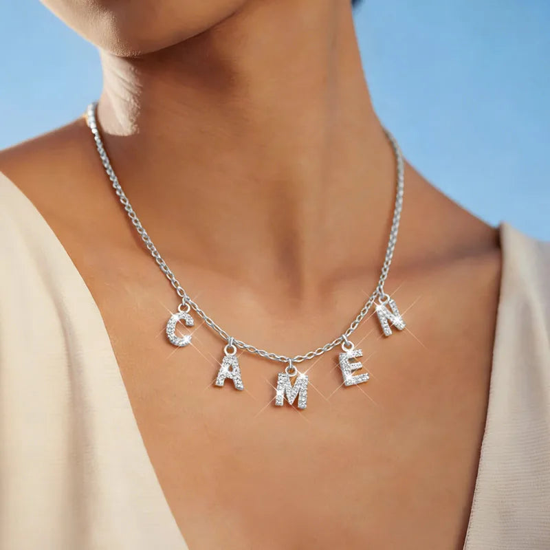 Customized Name With Initial Necklace for Women Mom, Charms Pave Letter Pendant, Stainless Steel Chain Link Adjustable Vera Lux