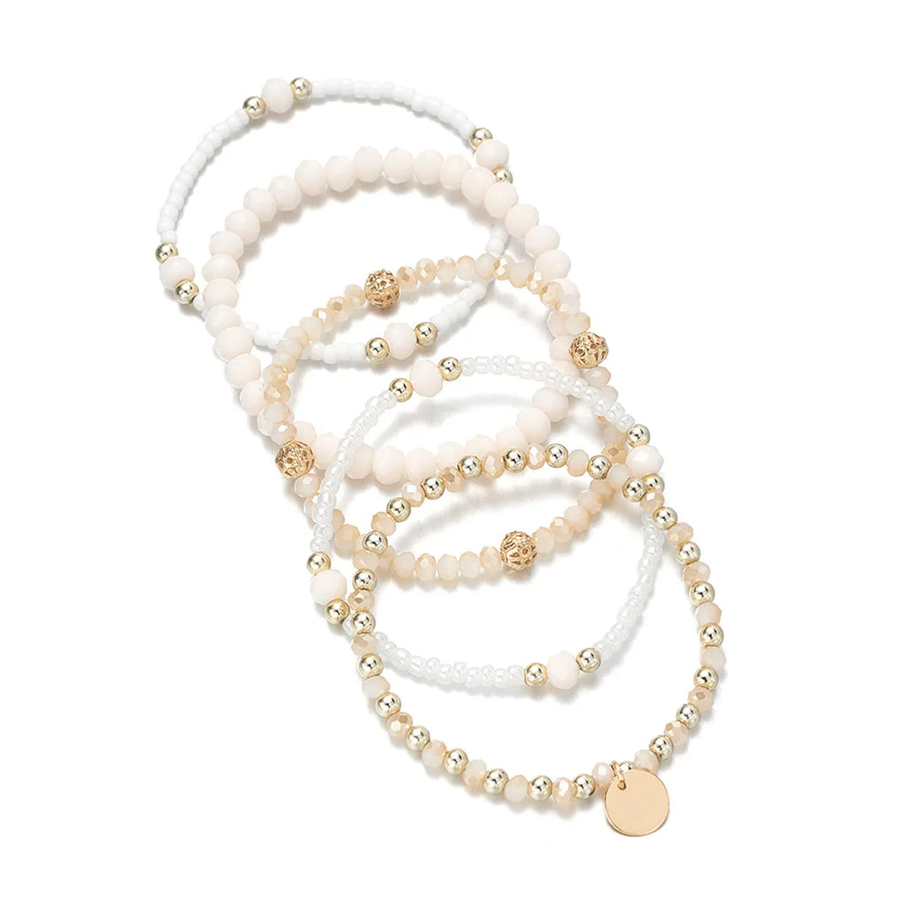 5Pcs Fashion Resin Beaded Bracelet Set For Women Round Piece Charm Elastic Bead Chain Bangle Wrist Strap Female Vacation Jewelry Vera Lux