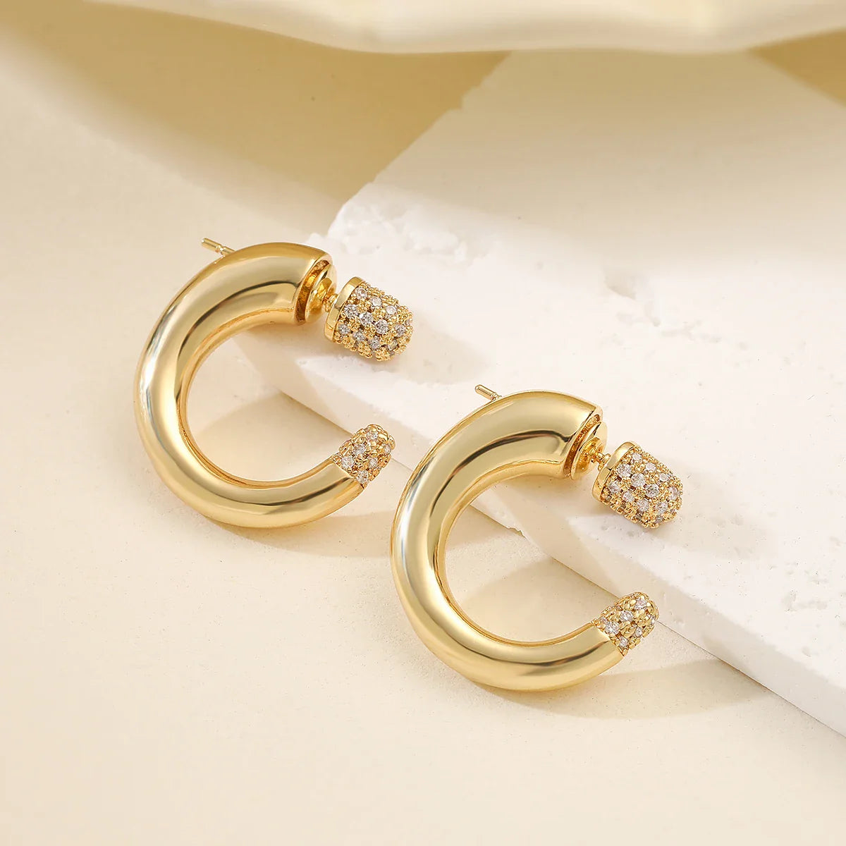 NEWBUY 2025 New Fashion Gold Color Unique Design C Shape Stud Earrings For Elegant Women Shiny AAA CZ Inlay Wedding Jewelry Vera Lux