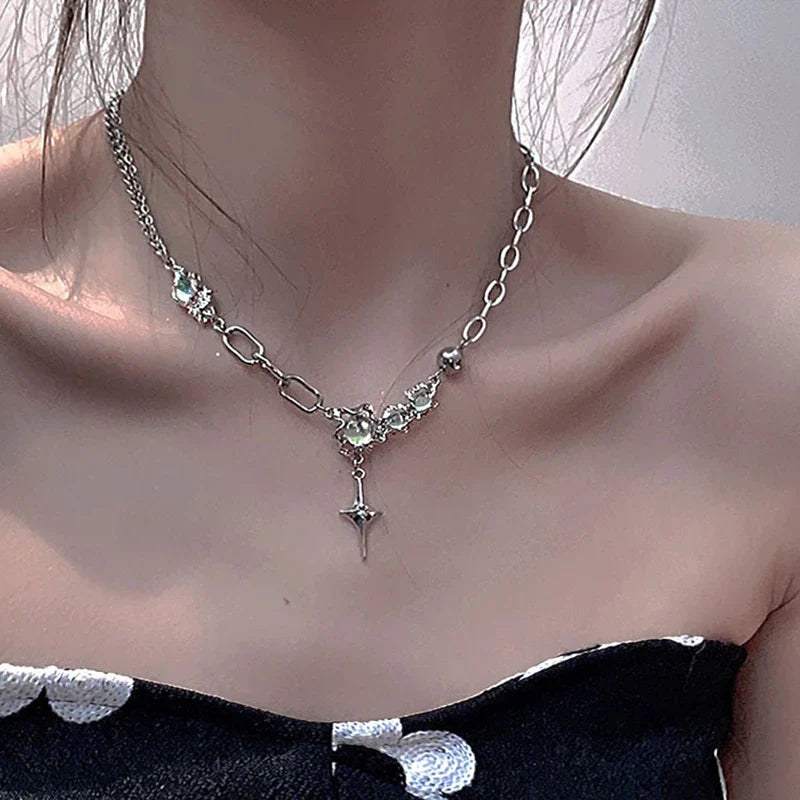 JWER Trendy Bling Moonstone Star Cross Pendant Necklace for Women Punk Hip Hop Star Chain CrystalNecklace Party Y2K Jewelry Gift Vera Lux