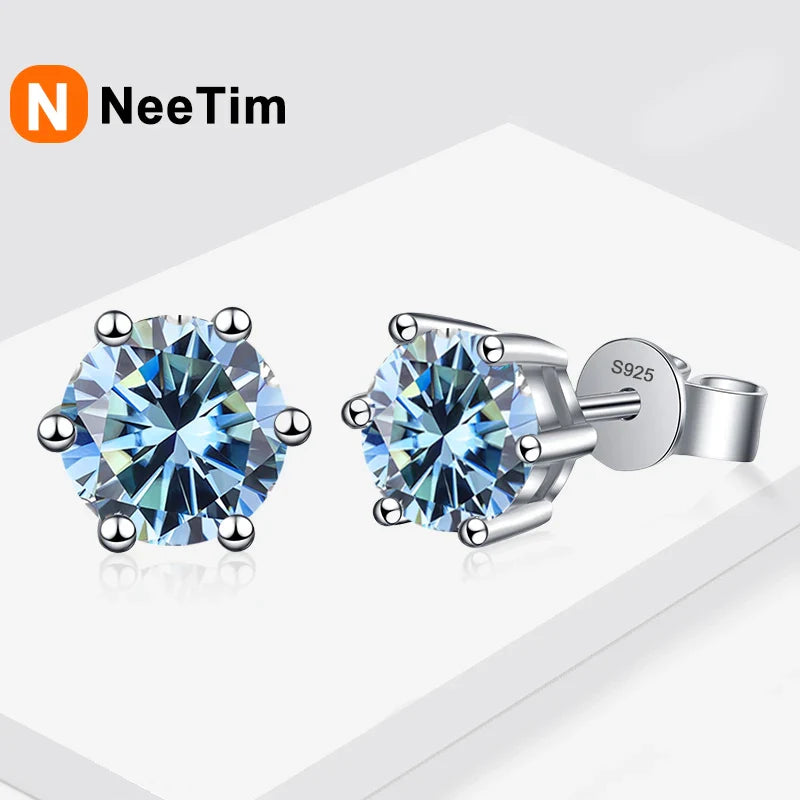 NeeTim 0.5ct 1ct 2ct Moissanite Stud Earrings for Women 925 Sterling Silver Green Pink Black Blue Grey Sparkling Studs Earring Vera Lux