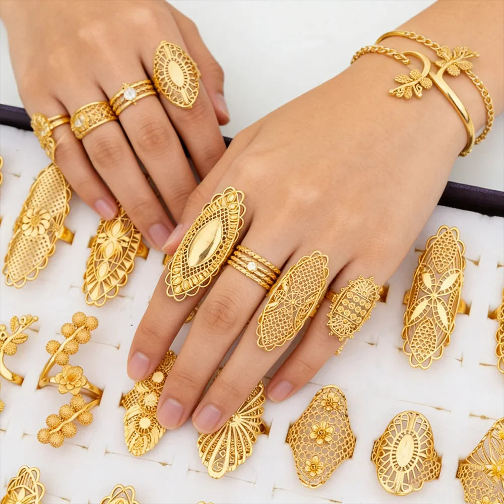 Luxury 18K Gold Plated Rings Copper Party Women Adjustable Long Rings Fashion Wedding Bride Round Opening Lady Finger Ring Gift Vera Lux
