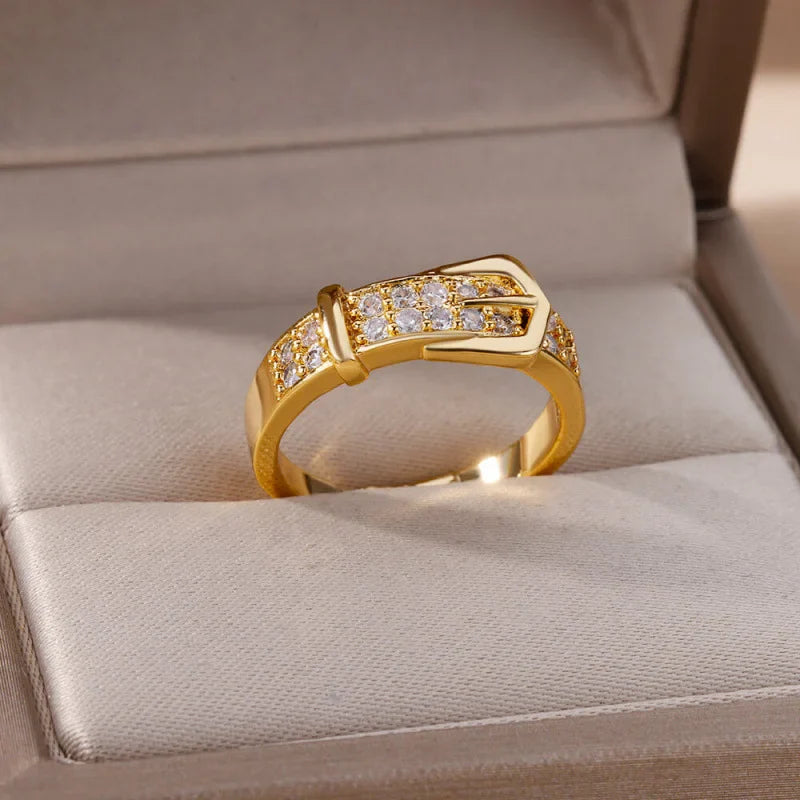 Chic Gold Color Buckle Shaped Ring With Sparkling Zircon Fashion Trendy Adjustable Ring Women's Gatherings Jewelry Vera Lux