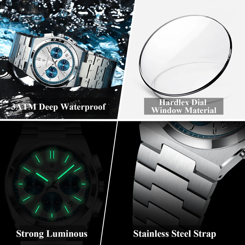 POEDAGAR Luxury Man Watch Chronograph Date Stainless Steel Sport Men Wristwatch Waterproof Luminous Fashion Quartz Men's Watches Vera Lux