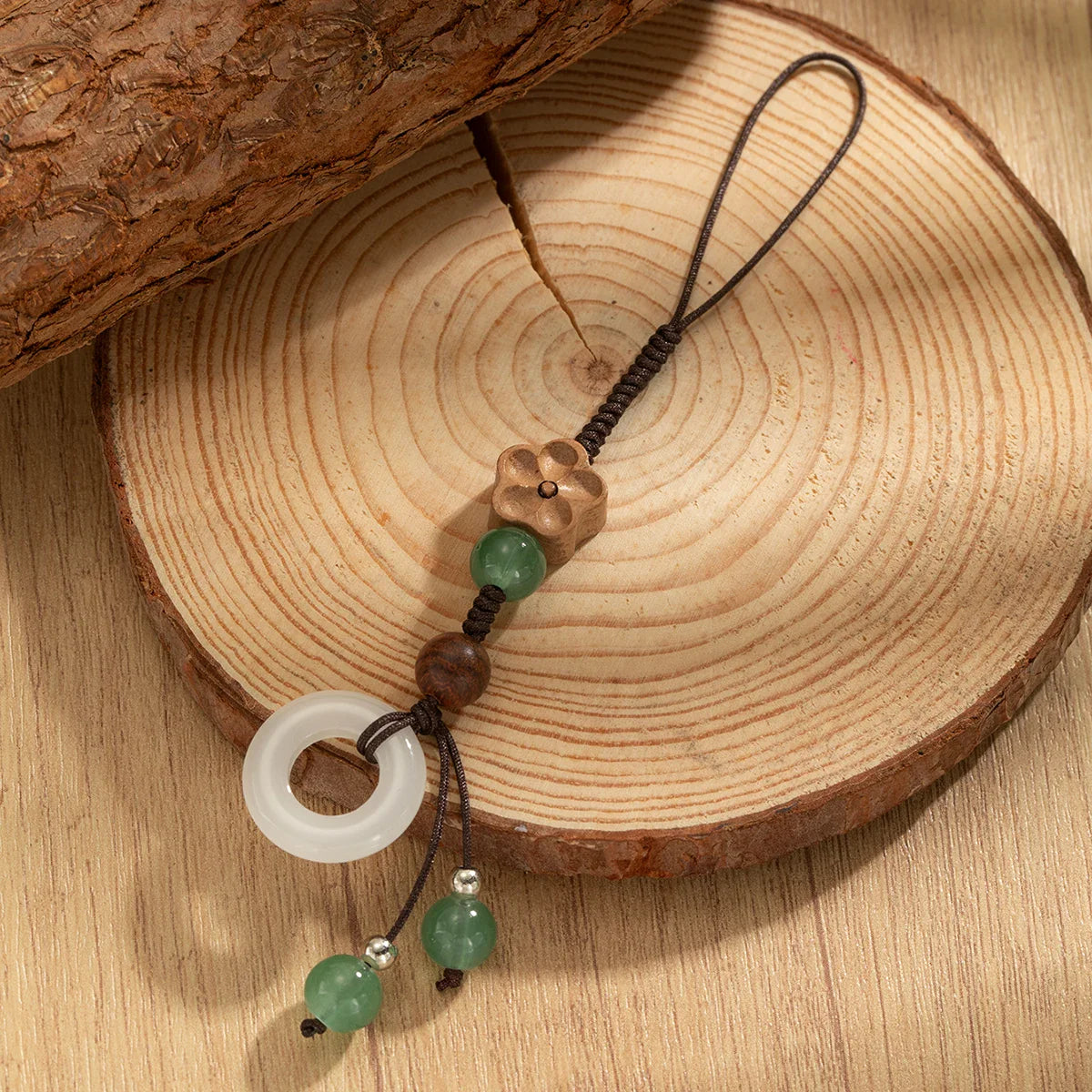 Vintage style wooden plum blossom woven ring wall round bead tassel phone chain Vera Lux