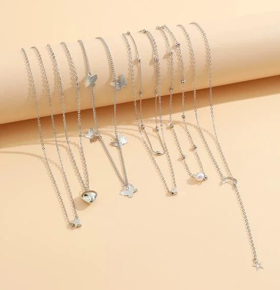 11 Pcs Women's Zircon Necklace Set Gold Color Fashion Love Heart Butterfly Pendant Hypoallergenic Neck Chain Boho Jewelry Gifts Vera Lux