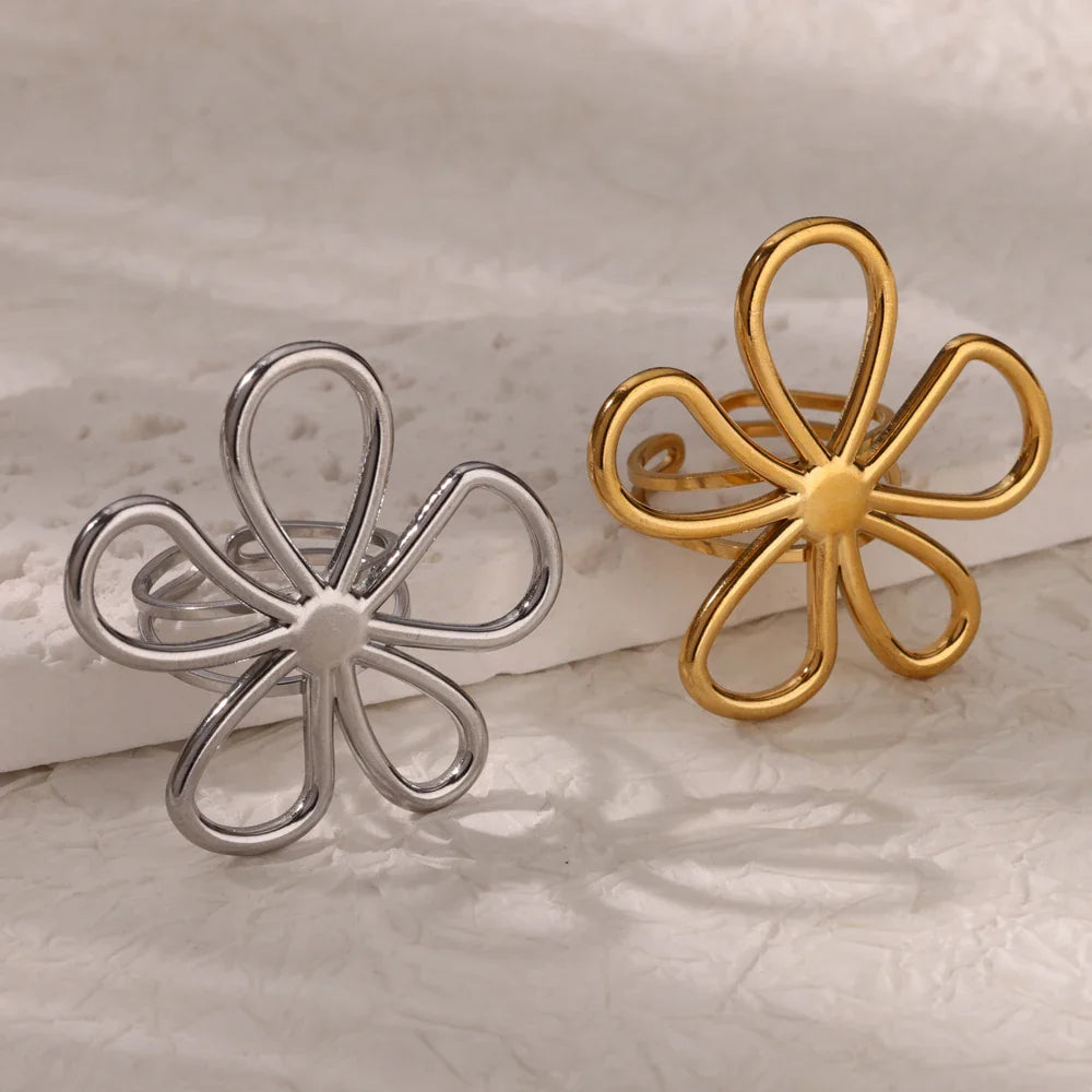 Stainless Steel Hollow Flower Open Rings for Women Trendy Aesthetic Wedding Couple Ring Femme Jewelry Accessories Gift anillos Vera Lux