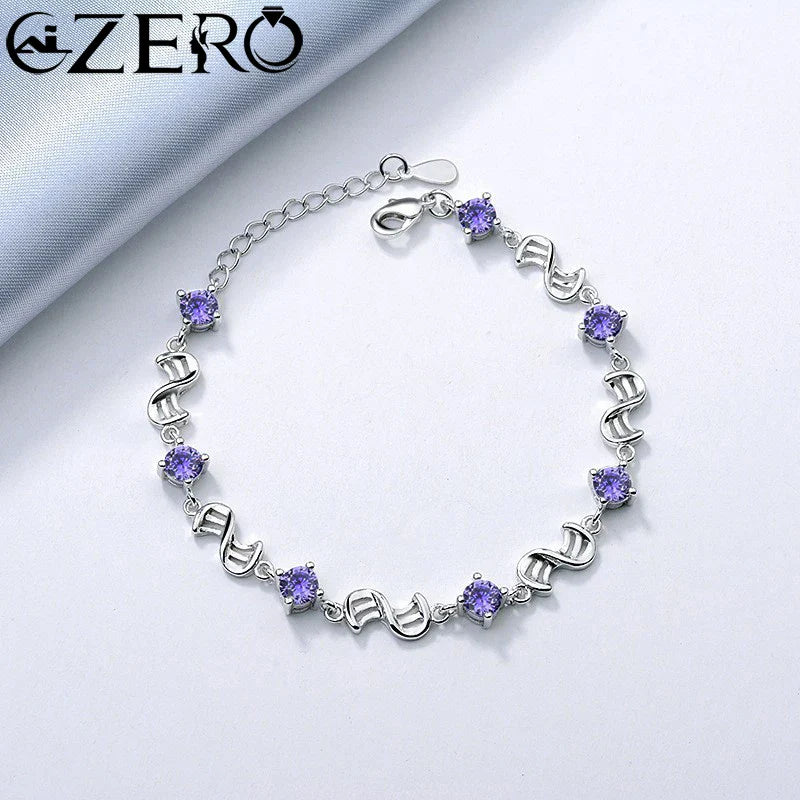 NEW Fine 925 Sterling Silver Purple Crystal Lucky Clover Bracelets for Women Fashion Party Wedding Accessories Jewelry 17CM+4CM Vera Lux